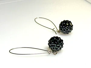 Vintage Earrings Jewellery Dangle Drop Silver Metal Black Crystals Ball - Picture 1 of 5