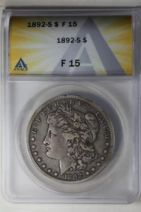1892-S 1.00 ANACS F15 Morgan Silver Dollar, Miss Liberty Head Dollar - Picture 1 of 2