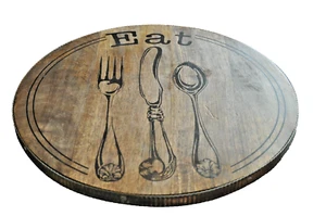 Mud Pie 16" Turntable Wood Bistro Lazy Susan EAT Corrugated Metal Trim - Picture 1 of 5
