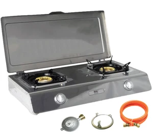 NSD-2C Edelstahl Gaskocher 2 flammig mit Deckel 9 KW Zündsicherung Campingkocher - Bild 1 von 12
