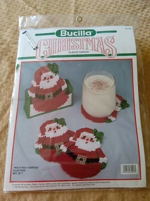 Bucilla VTG "Roly-Poly Santa's" Christmas Plastic Canvas 6 Coasters 1 Holder Kit - Image 1 of 4