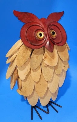 VTG OWL  WOODCRAFTED TIN ACCENT  STANDING 13" TALL FIGURINE BIRD SCULPTURE  - Image 1 of 4