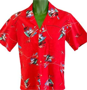 Camisa Hawaiana Aloha Hecha en Hawaii De Colección Roja con Pájaro del Paraíso Para Hombre Mediana - Imagen 1 de 5