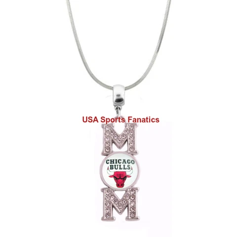 Chicago Bulls MOM Necklace With Rhinestones On A 925 SS Snake Chain Cover