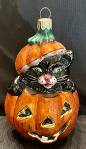 Christopher Radko Halloween Puss ‘N’ Boo Glass Ornament Black Cat Jack O’Lantern - Picture 1 of 7
