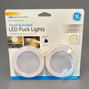 PACK OF 2 GE WIRELESS LED PUCK LIGHTS BATTERY OPERATED TOUCH LIGHT New - Picture 1 of 7