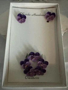 Vintage Florida Handmade Seashell Brooch Pin Brooch & Earring Set, Shell Flowers - Picture 1 of 6