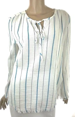 Blusa Top Drew Talla M Blanca con Rayas Metálicas Azules Dobladillo Crudo Algodón Manga Larga Foto 1 de 4