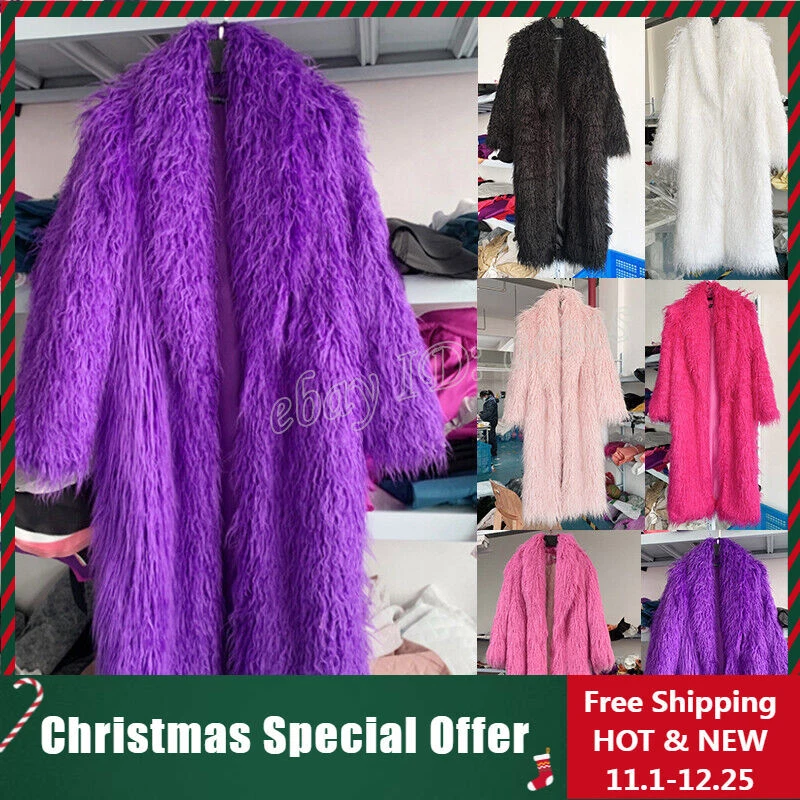 Womens Faux Mongolian Lamb Sheep Fur Coat Long Hair Overcoat Outwear Warm Jacket - Image 1 of 4