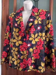 Vtg 80s Linen Mix Classic Jacket By Alain Cannelle Size 10 Bold Tropical Floral - Picture 1 of 8