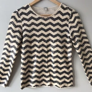 J Crew Shirt Top Full Sequin Chevron Stripe Long Sleeve Size XS Black Cream - Picture 1 of 8