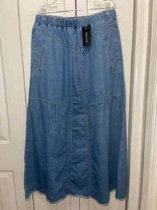 CHARTOU Light Blue Retro Elastic High Waist Frayed A-Line Maxi Skirt-Sz-L-NWT - Picture 1 of 3