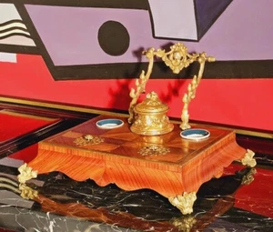 Rare Antique Napoleon III Writing Desk Inkwell Rosewood Porcelain Gilded Bronze - Picture 1 of 12