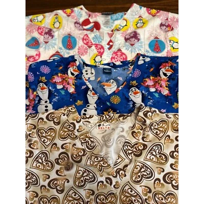 Scrub Top 1X Bundle of 3 Disney Frozen Christmas Penguin Print Hearts Scrub Tops - Image 1 of 4