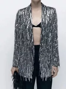 Zara Sequin Size Small Black / Silver Sparkly Jacket Blazer Fringing Festive - Picture 1 of 15