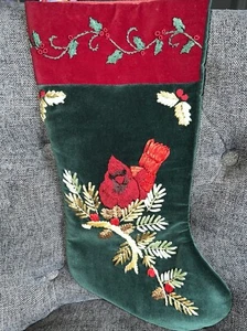 Red Cardinal Green Velvet Christmas Stocking Holly Pine Crewel Embroidery 18” - Picture 1 of 4