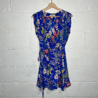 Yumi Kim Womens Silk Blue Floral Amalfi Coast Lexey Sleeveless Wrap Dress Medium - Image 1 of 4