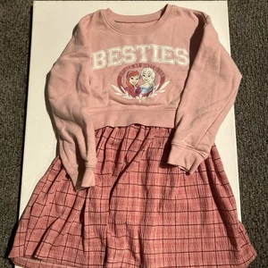 Disney Frozen Besties Graphic Sweatshirt Dress Pink Plaid Size 6 Elsa and Anna - Picture 1 of 6