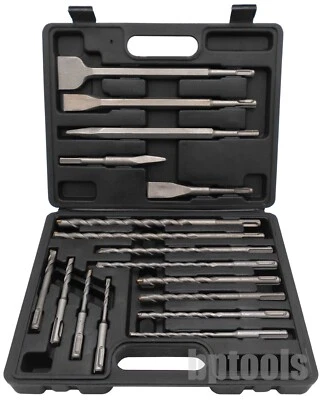 17pc SDS Plus Rotary Hammer Bits Drill Bit & Chisel Set Groove Concrete w/ Box