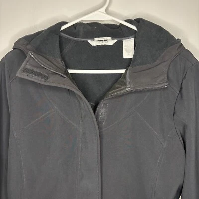 IZOD Fleece Lined Coat Women's M Black Stretch Hood Zip Hook & Loop - Image 1 of 4