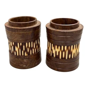 Vintage Ceylonese Handcrafted Wooden Vases Pot Pencil Holder Porcupine Quills - Picture 1 of 6