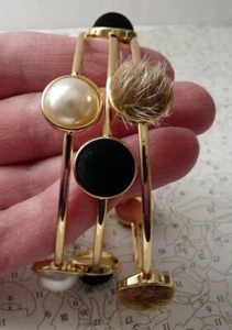 I.N.C. Gold Tone Faux Pearl, Faux Fur, & Black Velvet Orbs,3 Bangle Bracelet Set - Picture 1 of 3