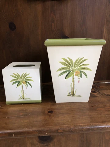 Croscill Palm Tree Port Of Call Wood Waste Basket & Tissue Cover Rare HTF Cover