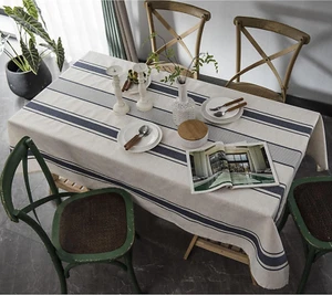 White Blue Tablecloth Cotton Linen Farmhouse Table Cover Soft Washable Table Top - Picture 1 of 12