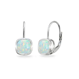 Cushion-Cut Simulated White Opal Bezel-Set 925 Silver Dainty Leverback Earrings - Picture 1 of 4