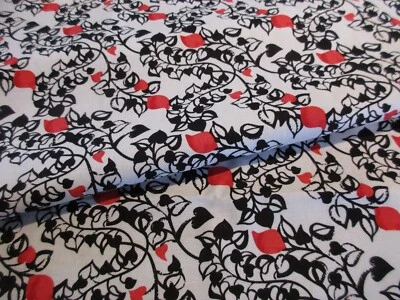 Rose Bud Vine Floral Calico Fabric - 48 1/2 x 23 Remnant - Black White Red - Image 1 of 4