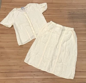 Flachs gelb 100% Leinen Damen Rock Set Knopfleiste Top Bluse Gr. M Rock Gr. L - Bild 1 von 16