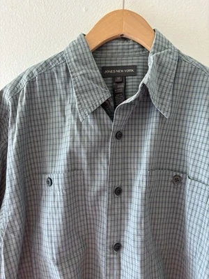 Jones New York Men’s Button-Up Shirt Dusty Blue & Beige Micro Check Pattern M - Image 1 of 4