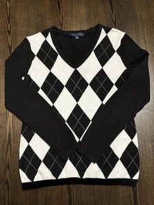 Tommy Hilfiger Sweater Women's Small Black /White Argyle Diamond V-Neck Pullover - Picture 1 of 6
