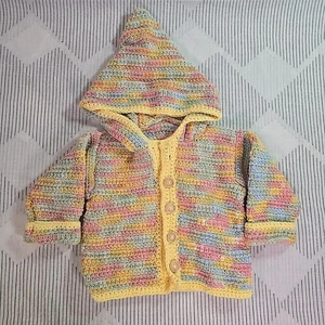 Adorable Knit Pastel Rainbow Hand Made Girl's Hooded Button-down Sweater - Picture 1 of 8