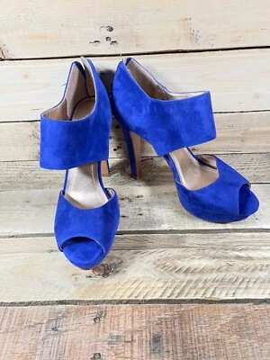 BCBG Paris Azul Gamuza Para Mujer (8M) Tacón Alto 4.5” Cuero Zapatos Correa Peep Bombas Foto 1 de 4