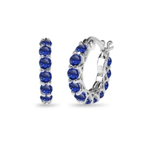 Small Round Created Blue Sapphire Huggie 18mm Hoop Earrings in Sterling Silver - Picture 1 of 4