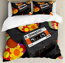 Music Duvet Cover Set with Pillow Shams Cassette Vinyl 70s Print