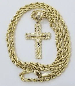 Real 10k Gold Rope Chain Necklace Jesus Cross Charm Pendant Set 16-28" inch 3mm