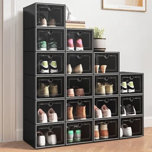 TAUS XL Shoe Box Storage Cases Sneaker Organizer Stackable 18PCS Black Clear - Picture 1 of 6