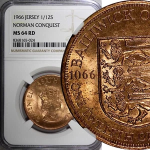 Jersey Elizabeth II Bronze 1966 1/12 Shilling NGC MS64 RD TOP GRADED KM# 26 (24) - Picture 1 of 5