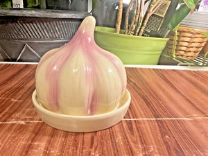 Garlic Ceramic Onion Roaster Keeper Baker Ivory Purple Kitchen Glass Dish 4.5" - Picture 1 of 12