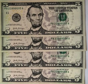 Lot of 4 Uncirculated Consecutive Serial Numbers $5.00  Five Dollar Bills - Picture 1 of 2