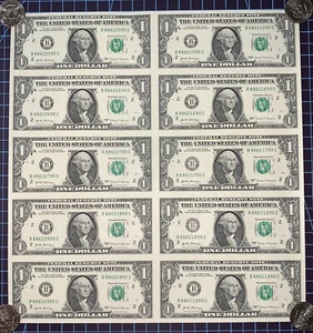 Sheet of Ten (10) - $1 One Dollar Bills - Uncut Currency - Series 2017 - NY Bank - Picture 1 of 4