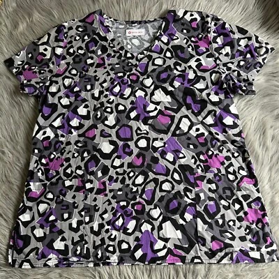White Cross Scrub Top Womens Size Large Gray Purple Short Sleeve Work Shirt - Image 1 of 4