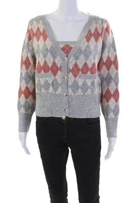 Conjunto de camiseta sin mangas suéter cárdigan manga larga estampado argyle gris talla S exuberante para mujer Foto 1 de 4