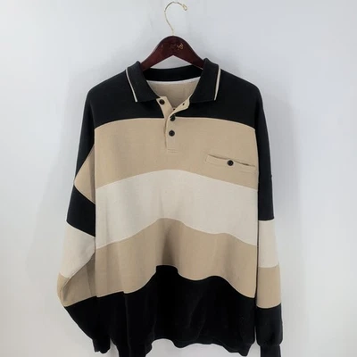 VTG 90s Oversized Penguin Sport Long Sleeve Color Block Golf Polo Beige White - Image 1 of 4