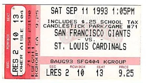 CARDINALS @ GIANTS ~ 1993 Ticket w/ Ozzie Smith & Barry Bonds ~ FREE SHIPPING - Image 1 of 1