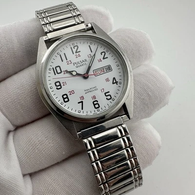 Pulsar By Seiko V533-9a00 Railroad Approved 36mm Men’s Watch White Dial Day Date - Image 1 of 4