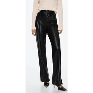 Mango MNGO Leather Effect Straight Trouser Pants Split Hem Womens Size 6 Black  - Picture 1 of 10