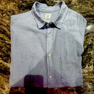 H&M Mens XL Linen Cotton Blend shirt Light Blue Causal Button Up Regular Fit - Picture 1 of 8